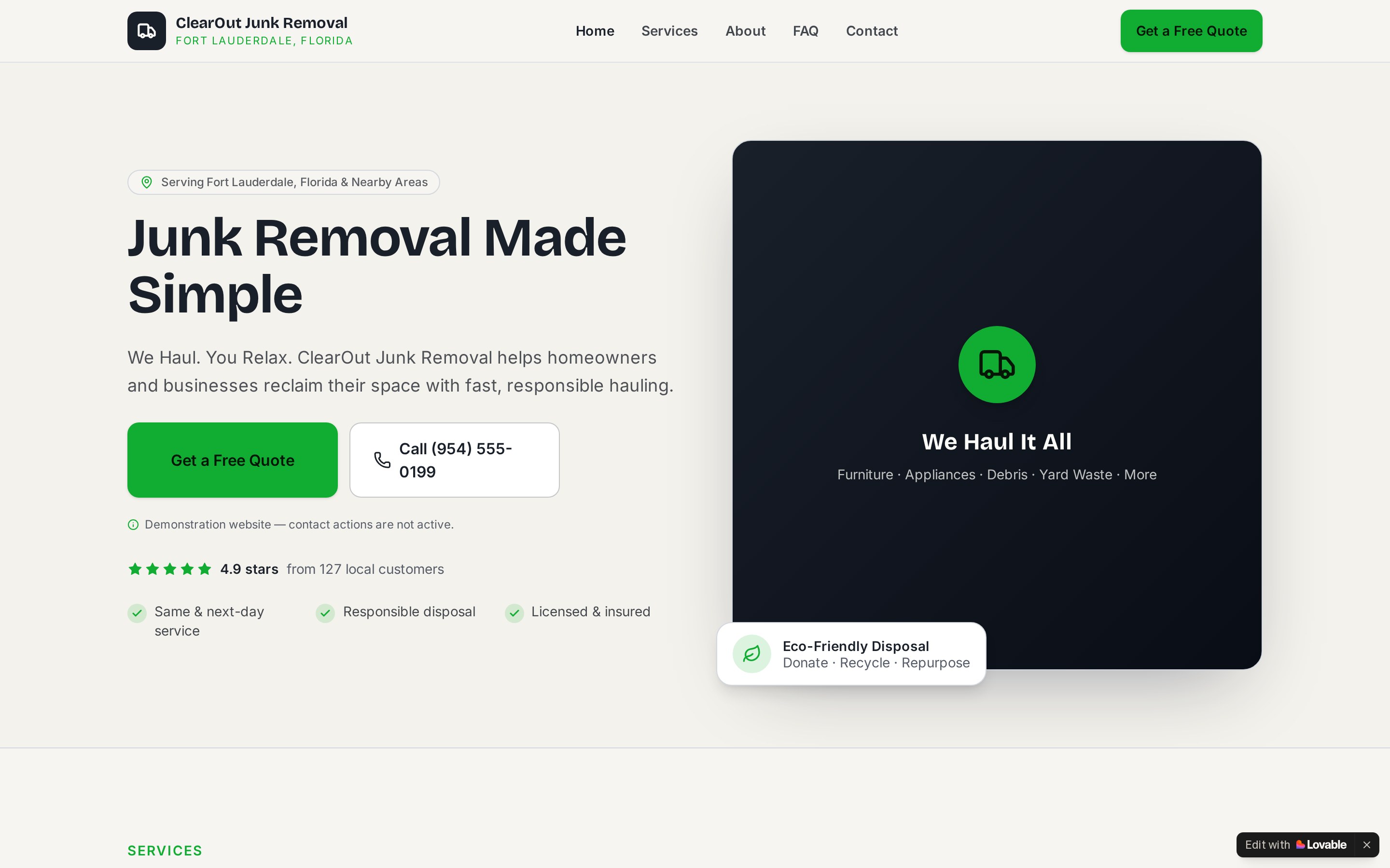 Desktop view of the ClearOut Junk Removal demonstration website.