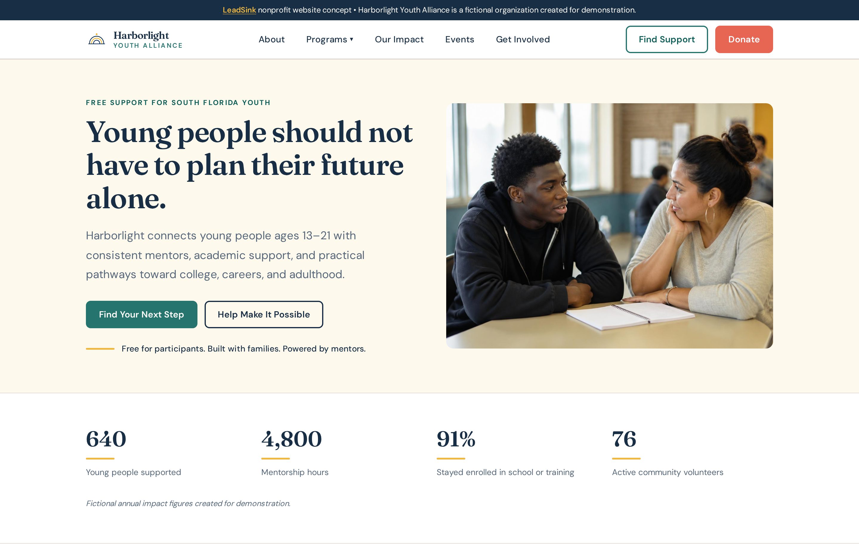 Homepage of the Harborlight Youth Alliance website concept.