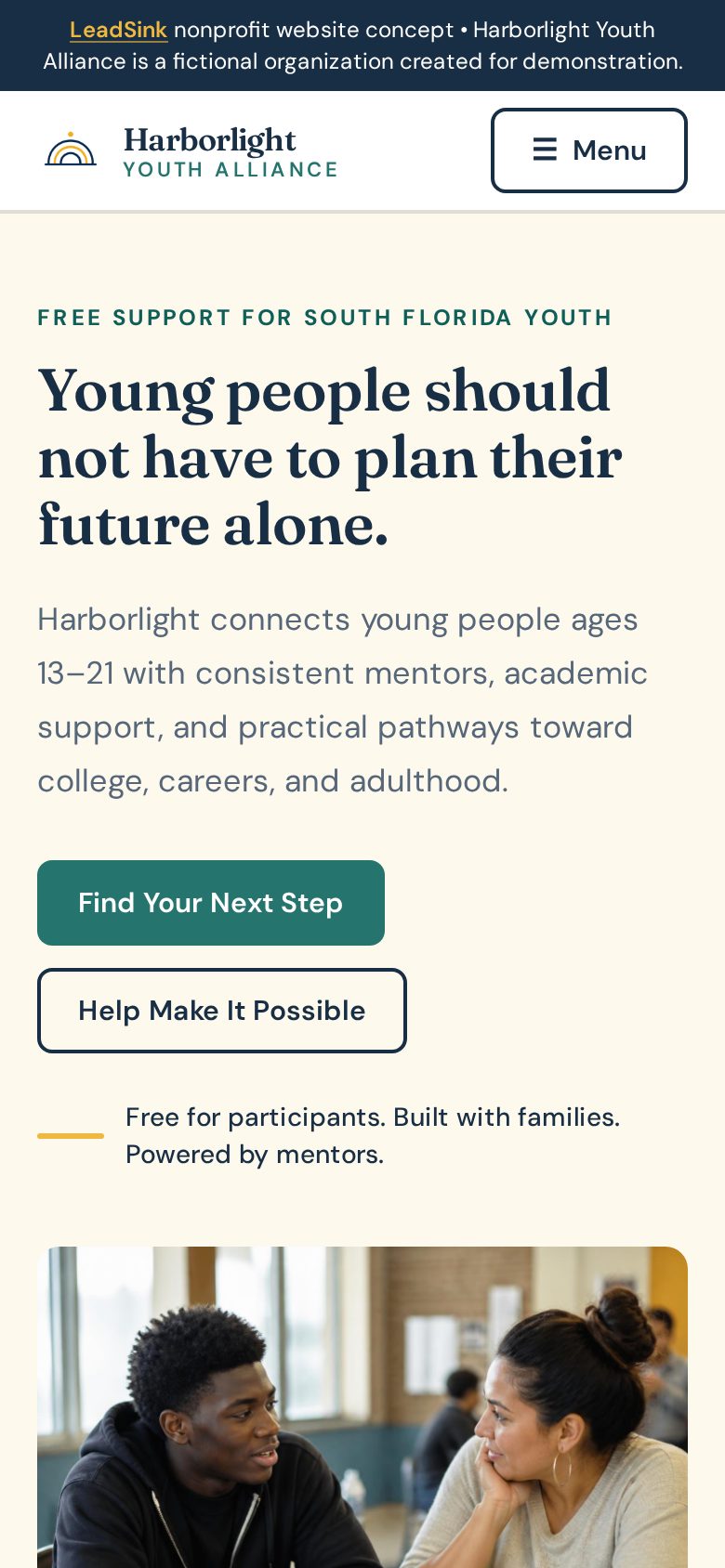 Mobile view of the Harborlight Youth Alliance website concept.
