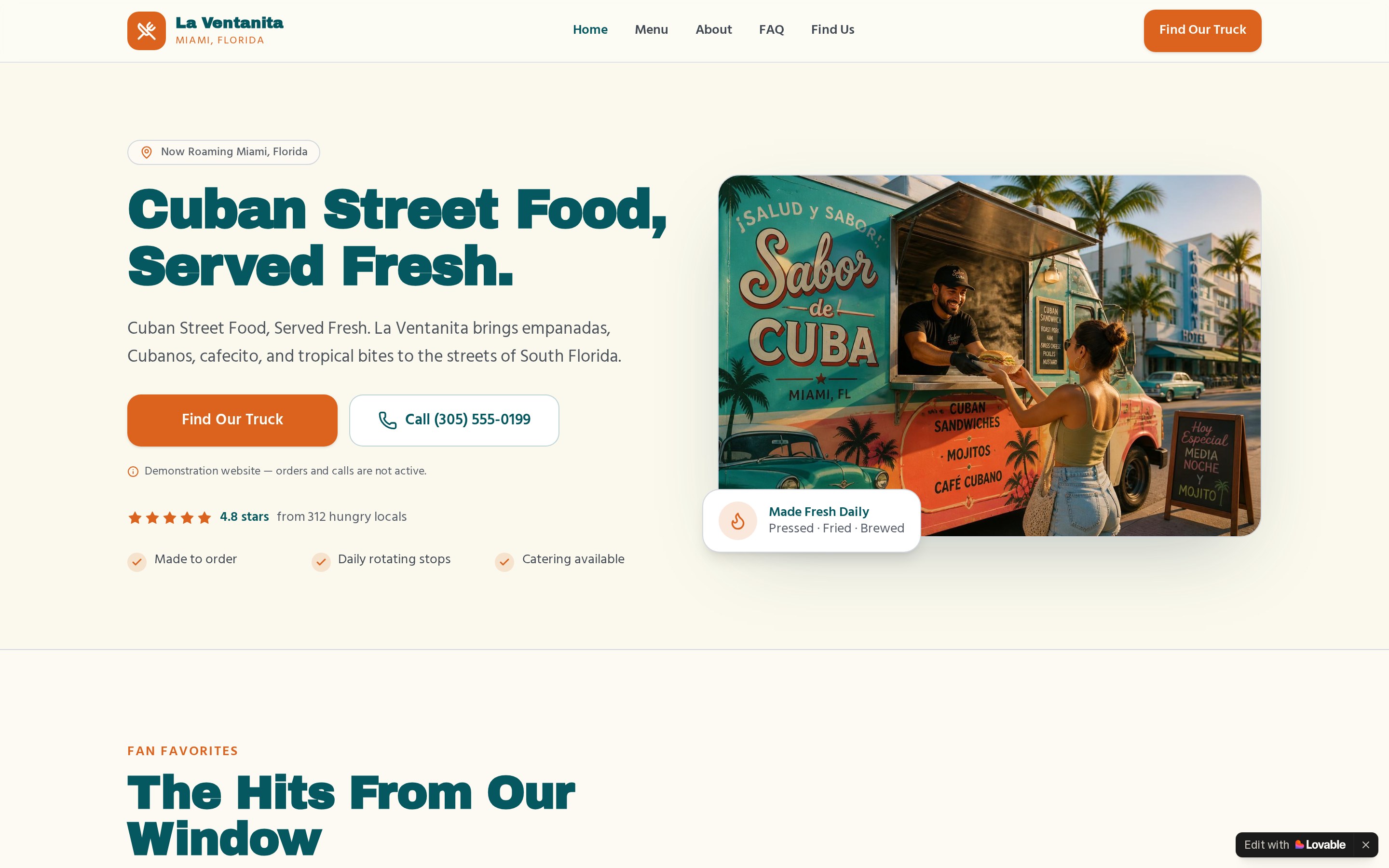 Desktop view of the La Ventanita Food Truck demonstration website.