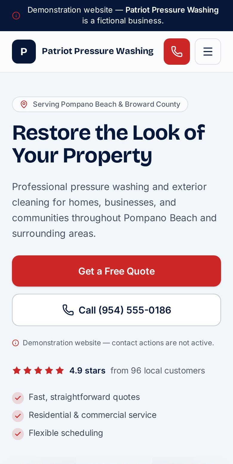 Mobile view of the Patriot Pressure Washing demo website homepage.